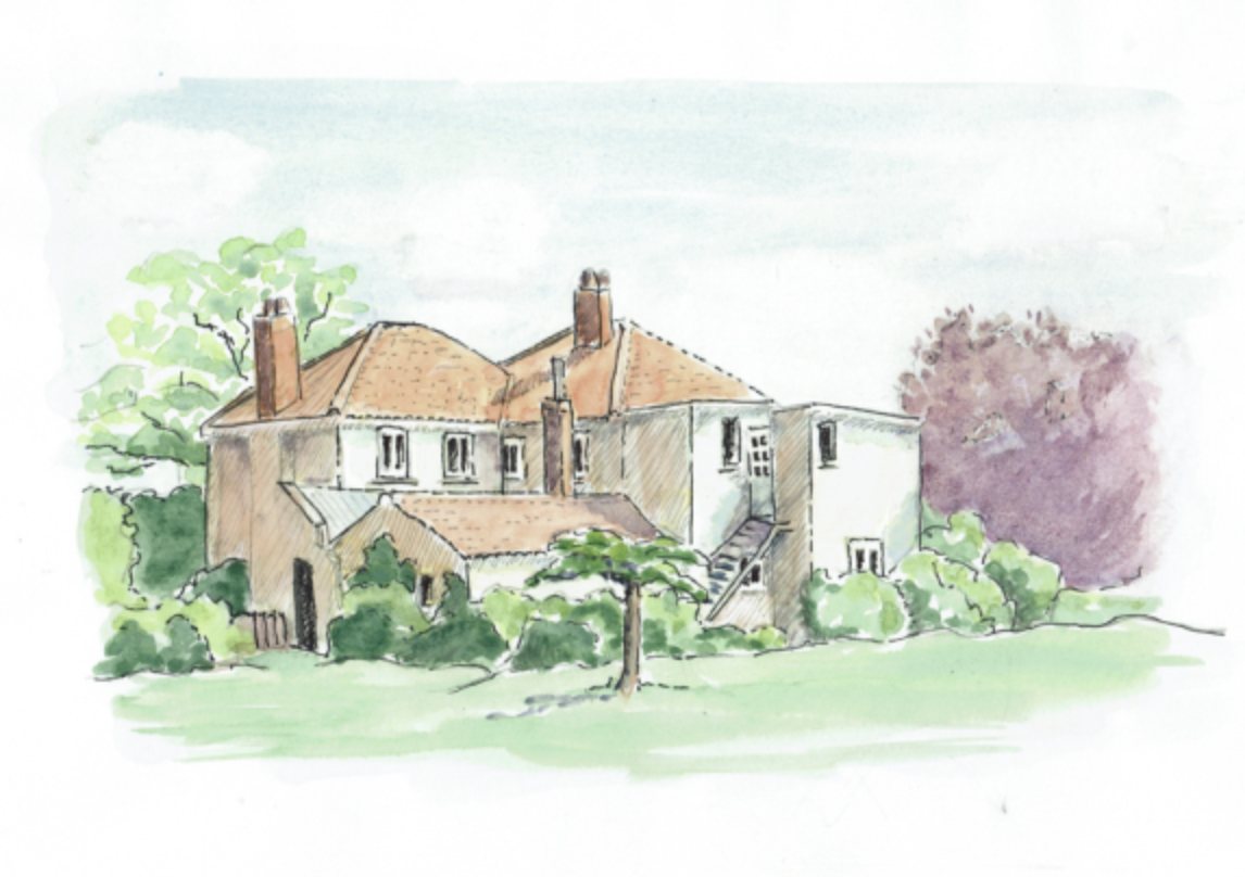 Pen and watercolour drawing of St Hilary's House from the garden: a two-storey house with hipped terracotta roofs and tall brick chimneys, white walls, an outside stair, a young tree on the lawn and a copper beech to the right.